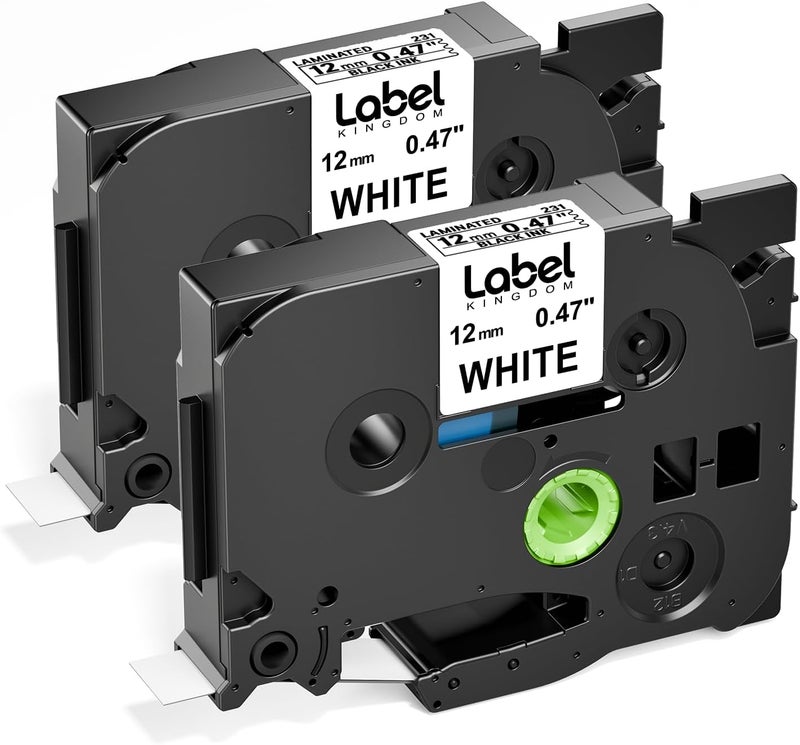 لايبل كينجدوم ملصقات بديلة متوافقة لشريط ملصقات Brother P-Touch Tze-231 Tz231 مقاس 12 مم و0.47 بوصة، أشرطة Tz مغلفة باللون الأسود على الأبيض، متوافقة مع صانع ملصقات Ptouch Ptd210 Pth110 Ptd400، عبوة من قطعتين - Image 1