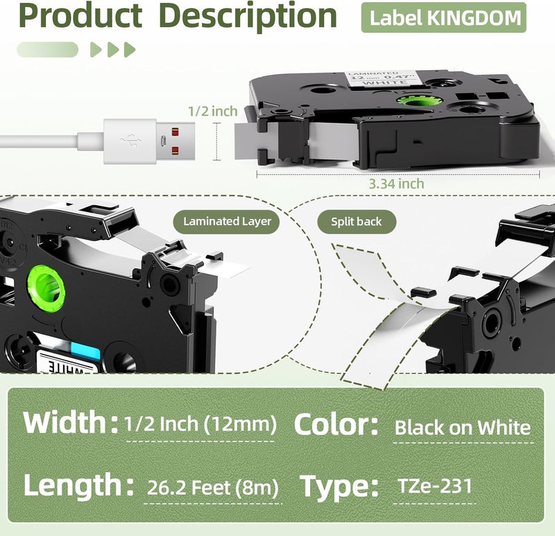 لايبل كينجدوم ملصقات بديلة متوافقة لشريط ملصقات Brother P-Touch Tze-231 Tz231 مقاس 12 مم و0.47 بوصة، أشرطة Tz مغلفة باللون الأسود على الأبيض، متوافقة مع صانع ملصقات Ptouch Ptd210 Pth110 Ptd400، عبوة من قطعتين - Image 2