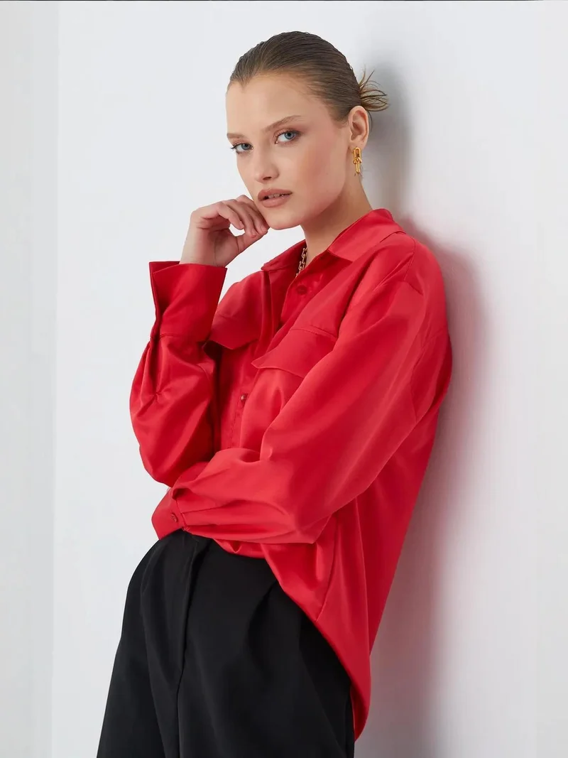Mixray Red Satin Button-Up Shirt with Pocket Detail for Women | Best Price UAE