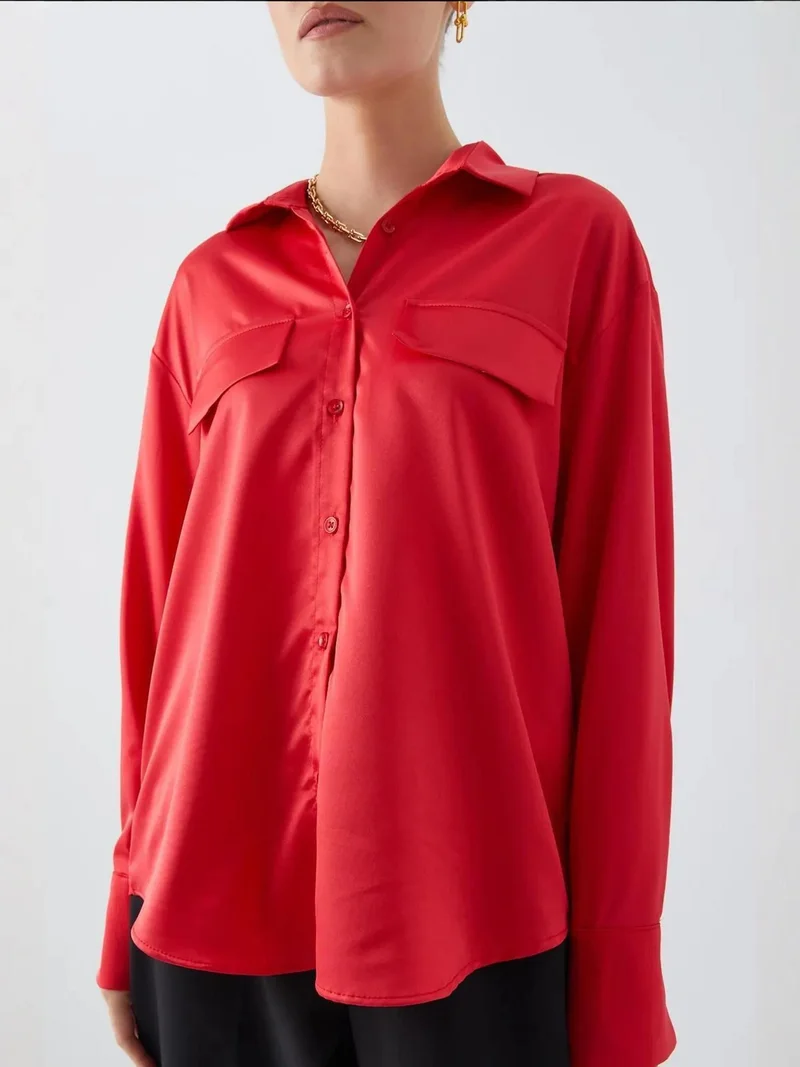Mixray Red Satin Button-Up Shirt with Pocket Detail for Women | Best Price UAE