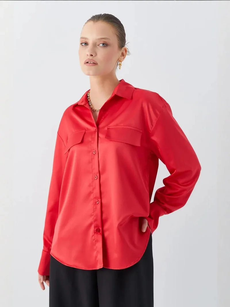 Mixray Red Satin Button-Up Shirt with Pocket Detail for Women | Best Price UAE