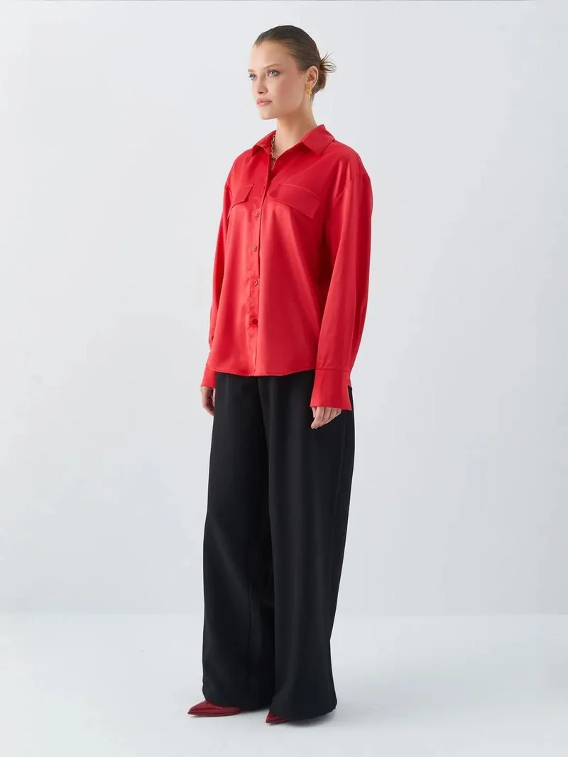 MixRay Satin Button-Up Shirt with Pocket Detail