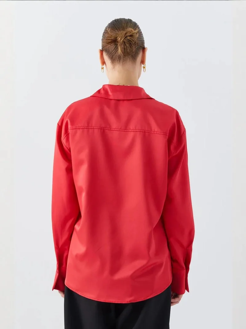Mixray Red Satin Button-Up Shirt with Pocket Detail for Women | Best Price UAE