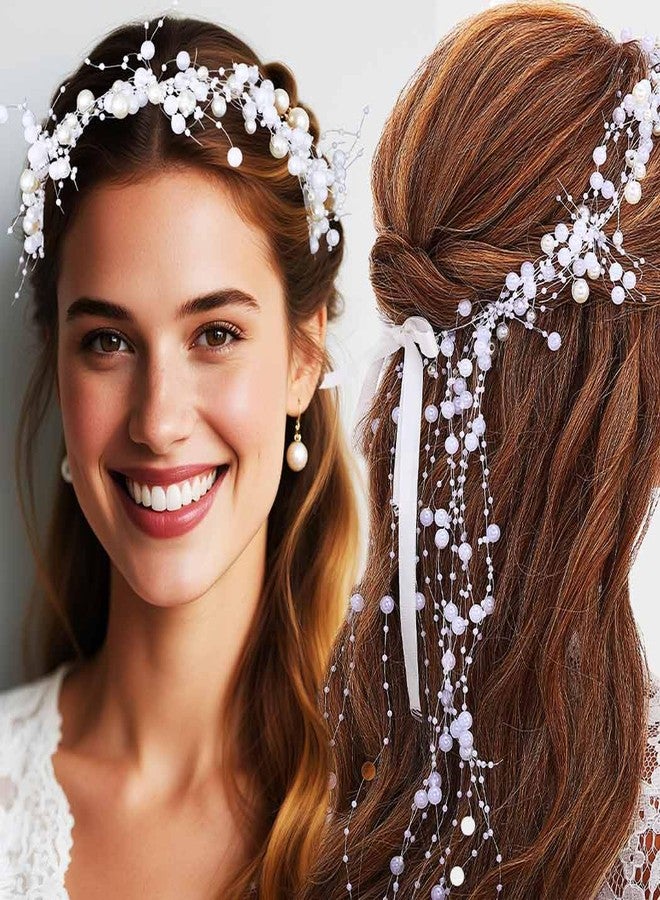 Catery Pearl Wedding Headband Bridal Hair Vine Headpiece Tassel Bride Accessories for Women (White) - Image 1
