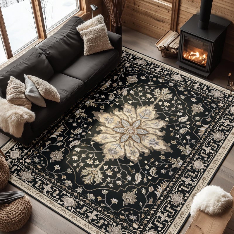 RELEANY Area Rugs 6'x9' Washable Non-Slip, Floral Vintage Distress Print Pattern Medallion Carpet for Living Room Bedroom Dining Room, Black Brown Neutral Dark Tan - Image 1