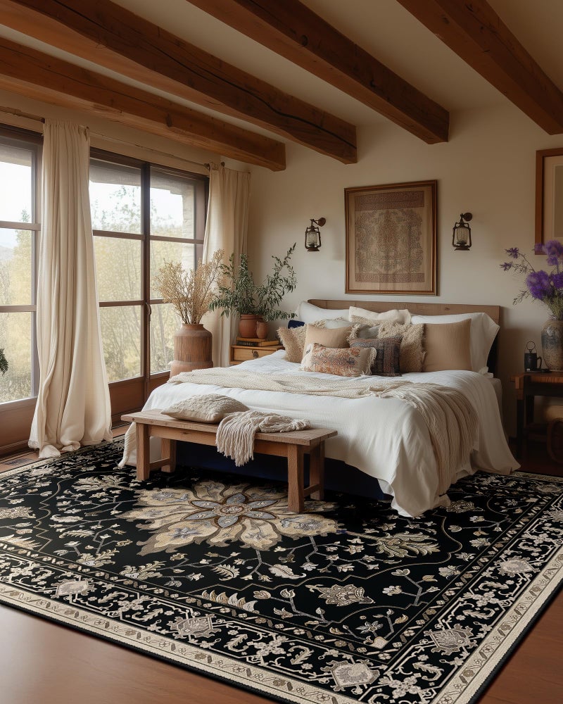 RELEANY Area Rugs 6'x9' Washable Non-Slip, Floral Vintage Distress Print Pattern Medallion Carpet for Living Room Bedroom Dining Room, Black Brown Neutral Dark Tan - Image 3