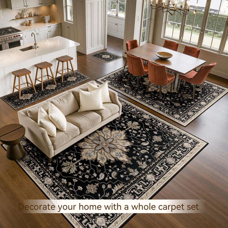 RELEANY Area Rugs 6'x9' Washable Non-Slip, Floral Vintage Distress Print Pattern Medallion Carpet for Living Room Bedroom Dining Room, Black Brown Neutral Dark Tan - Image 2