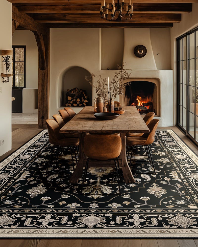 RELEANY Area Rugs 6'x9' Washable Non-Slip, Floral Vintage Distress Print Pattern Medallion Carpet for Living Room Bedroom Dining Room, Black Brown Neutral Dark Tan - Image 4