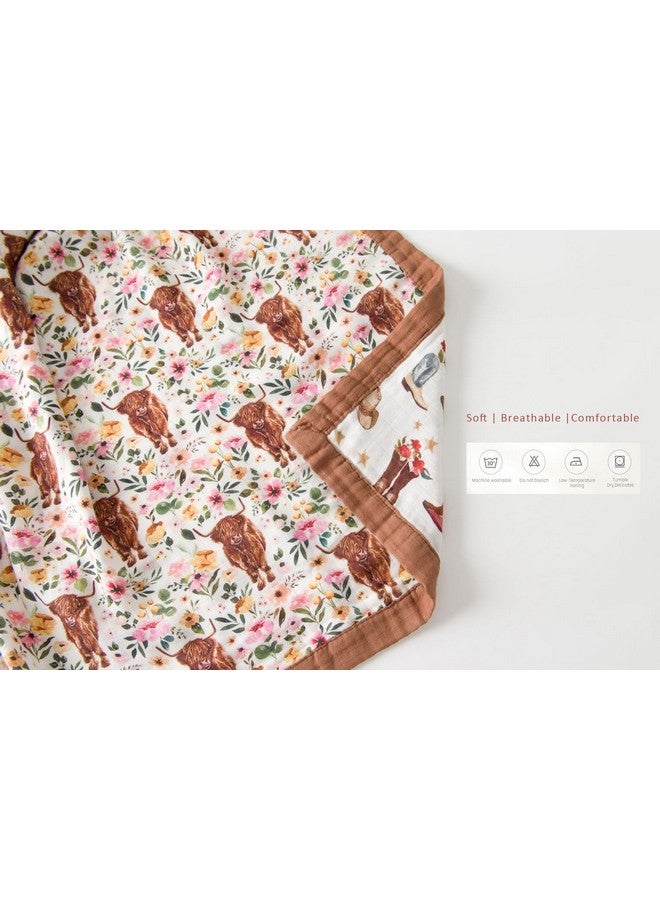 Little Jump Little Jump Cowgirl Floral & Highlandcow Muslin Blanket Baby Quilt - Silky Soft and Breathable Crib Blanket for Daycare - Large 47" x 47" - 2 Layers Toddler Summer Blankets for Girls (Cow Girl)  - Image 3