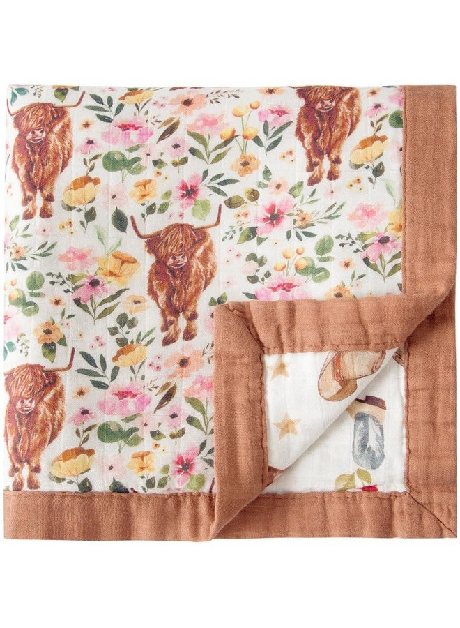Little Jump Little Jump Cowgirl Floral & Highlandcow Muslin Blanket Baby Quilt - Silky Soft and Breathable Crib Blanket for Daycare - Large 47" x 47" - 2 Layers Toddler Summer Blankets for Girls (Cow Girl)  - Image 1