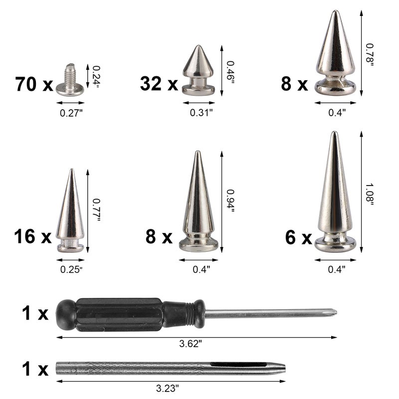 YORANYO 70 Sets Mixed Shape Spikes and Studs Assorted Sizes for Clothing - Silver Color Screw Back Bullet Tree Rivet for Leather Craft, Shoes, Belts, Bags, Dog Collars - Image 2