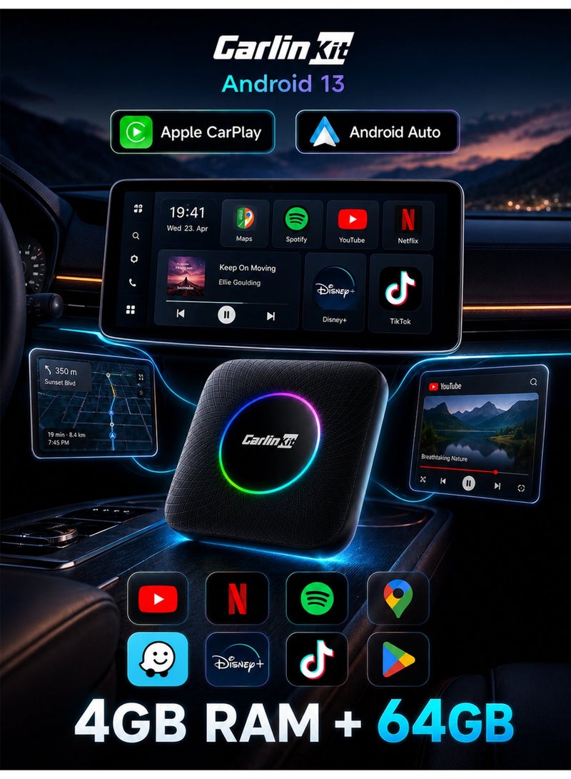 كار لينكيت كارلين كيت CarlinKit TBox Ambient LED بوكس أندرويد 13 للسيارة، رام 4GB وذاكرة 64GB، محول أبل كاربلاي وأندرويد أوتو، معالج Qualcomm 6225 ثماني النواة، ملاحة GPS وواي فاي وبلوتوث، إضاءة RGB ودعم بطاقة microSD، أسود - Image 1