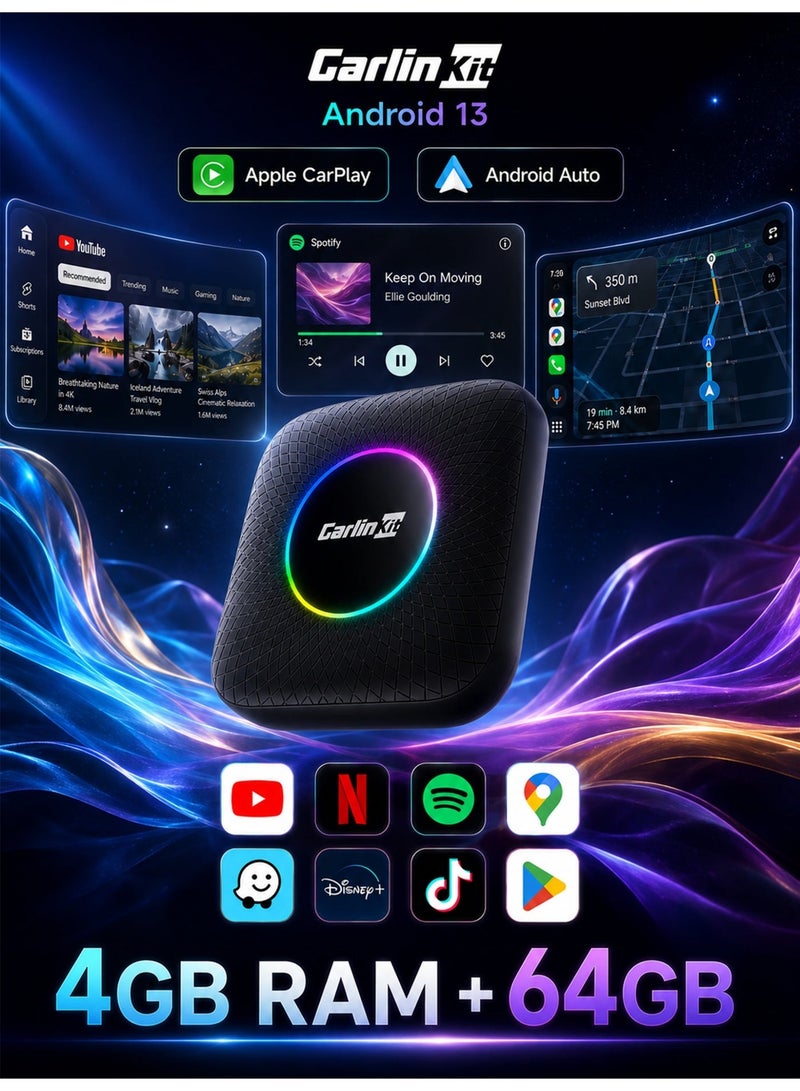 كار لينكيت كارلين كيت CarlinKit TBox Ambient LED بوكس أندرويد 13 للسيارة، رام 4GB وذاكرة 64GB، محول أبل كاربلاي وأندرويد أوتو، معالج Qualcomm 6225 ثماني النواة، ملاحة GPS وواي فاي وبلوتوث، إضاءة RGB ودعم بطاقة microSD، أسود - Image 2