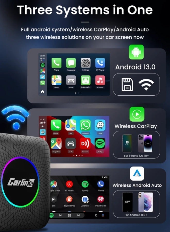 كار لينكيت كارلين كيت CarlinKit TBox Ambient LED بوكس أندرويد 13 للسيارة، رام 4GB وذاكرة 64GB، محول أبل كاربلاي وأندرويد أوتو، معالج Qualcomm 6225 ثماني النواة، ملاحة GPS وواي فاي وبلوتوث، إضاءة RGB ودعم بطاقة microSD، أسود - Image 4