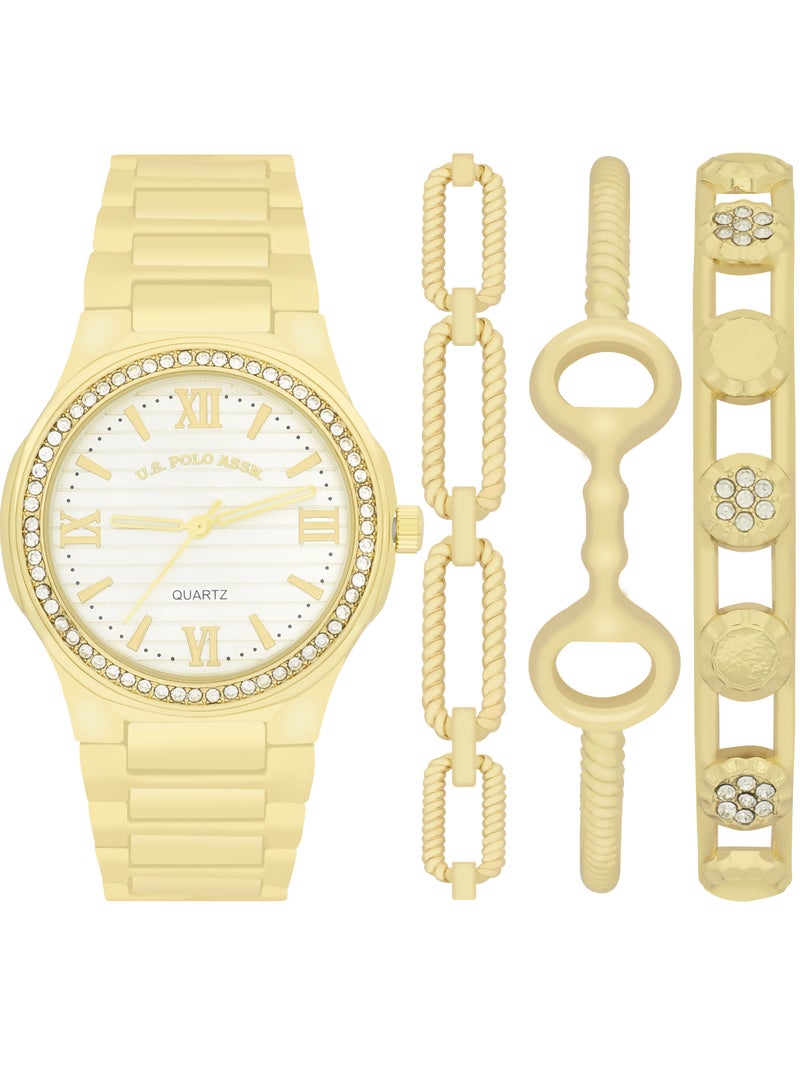 يو اس بولو اسن طقم ساعة كوارتز أنالوج مطلية بالذهب مع سوار للنساء - Image 1