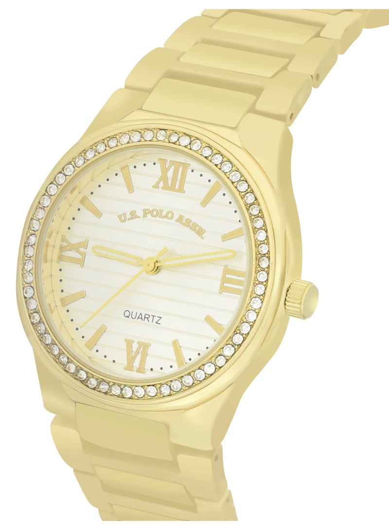 يو اس بولو اسن طقم ساعة كوارتز أنالوج مطلية بالذهب مع سوار للنساء - Image 2