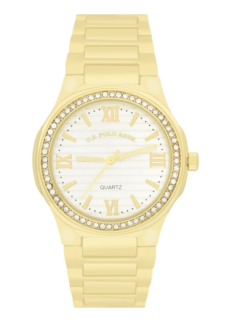 يو اس بولو اسن طقم ساعة كوارتز أنالوج مطلية بالذهب مع سوار للنساء - Image 3