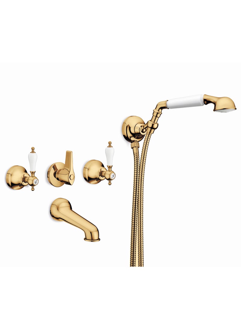 GS GS Rubinetterie Concealed Bath Shower Mixer With Spout Diverter 2 Lever Handles Adjustable Wall Bracket Brass Shower Head 150 Cm Flex Hose White Gold - 1708G - Image 1