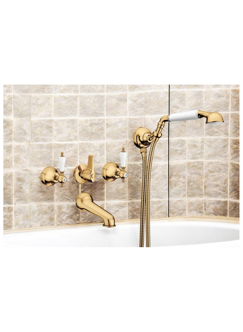 GS GS Rubinetterie Concealed Bath Shower Mixer With Spout Diverter 2 Lever Handles Adjustable Wall Bracket Brass Shower Head 150 Cm Flex Hose White Gold - 1708G - Image 4