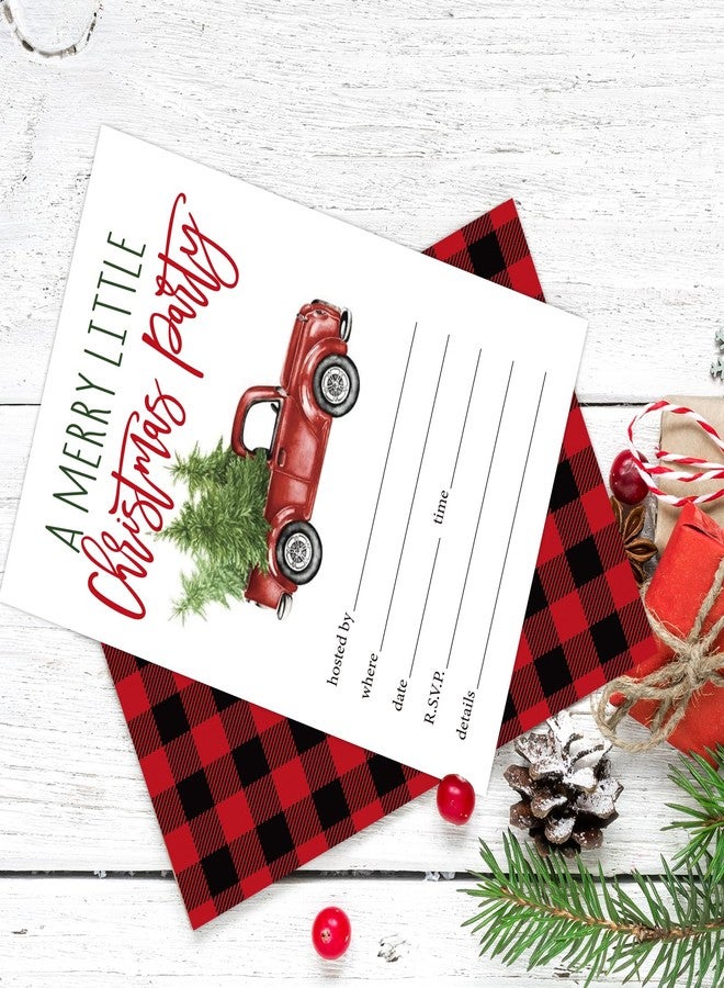 وولاين مجموعة بطاقات دعوة لحفلات عيد الميلاد من والين، 25 بطاقة، بتصميم شاحنة حمراء عتيقة بالألوان المائية، مع أظرف، بنمط مربعات باللونين الأحمر والأسود، مناسبة لحفلات أعياد الميلاد. - Image 5