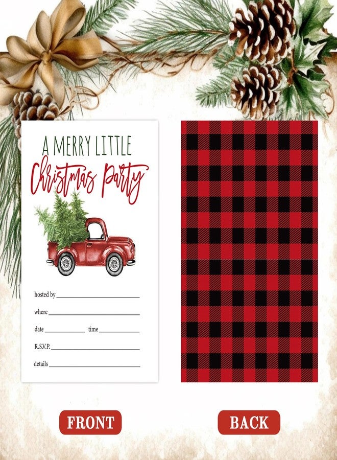 وولاين مجموعة بطاقات دعوة لحفلات عيد الميلاد من والين، 25 بطاقة، بتصميم شاحنة حمراء عتيقة بالألوان المائية، مع أظرف، بنمط مربعات باللونين الأحمر والأسود، مناسبة لحفلات أعياد الميلاد. - Image 3