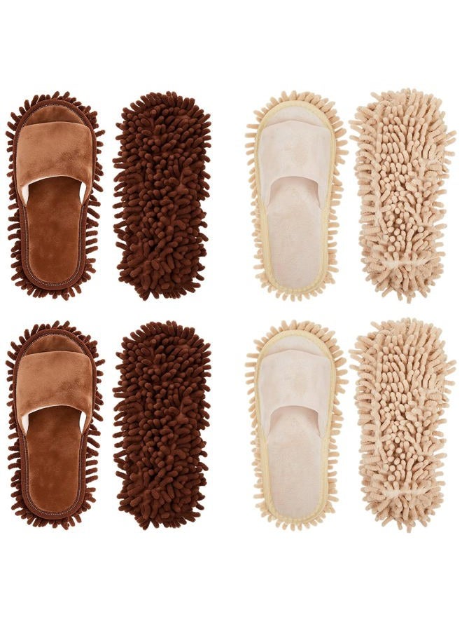 Jecery 4-Pair Washable Microfiber Mop Slippers - Detachable Dusting Shoes for Floor Cleaning, Office & Home Use - Suitable for Women & Men(Brown, Beige,M Size) - Image 1