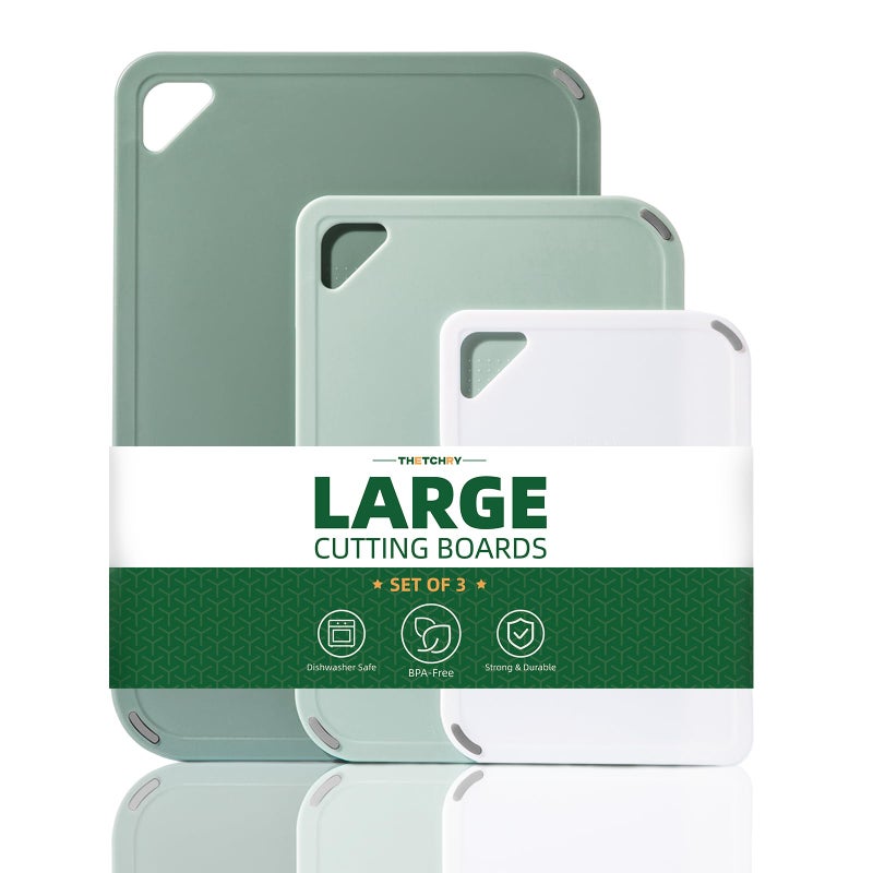 THETCHRY Plastic Cutting Board Set of 3-Cutting Boards for Kitchen BPA Free, Large-Small Chopping Boards Non-Slip for Cooking Camping Dishwasher Safe, Reversible, with Grip Handle, 15"Ã—10"Ã—0.6" Green - Image 1