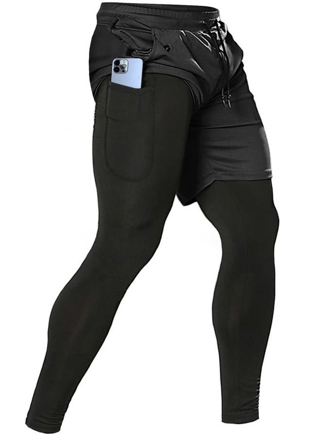 Aolesy Men's 2 in 1 Running Pants, Gym Workout Compression Pants for Men Training Athletic Pants - Black - Image 1