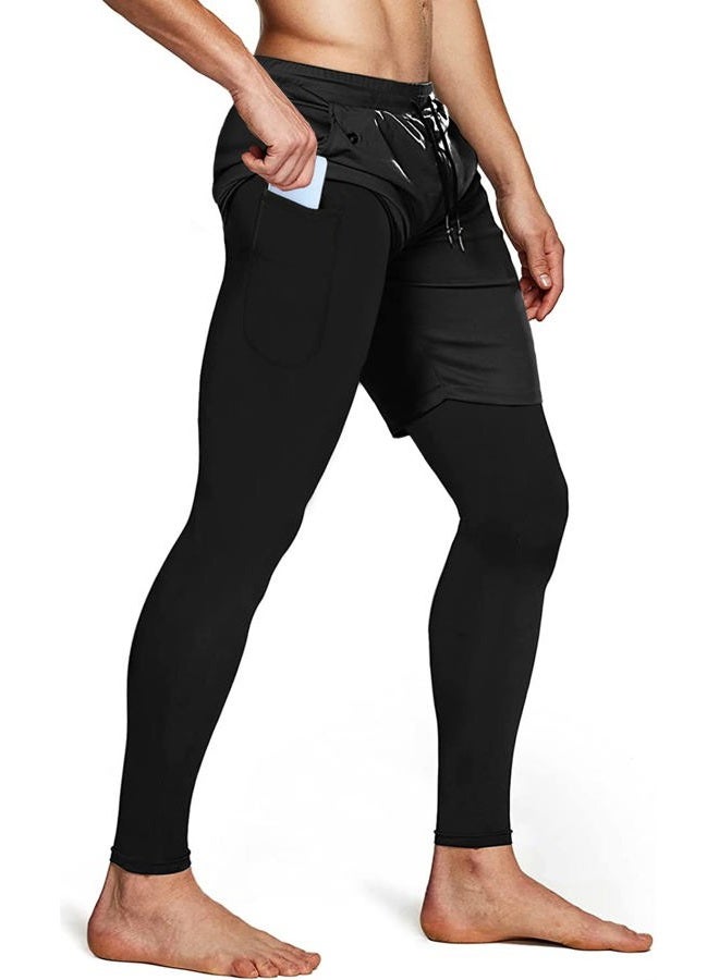 Aolesy Men's 2 in 1 Running Pants, Gym Workout Compression Pants for Men Training Athletic Pants - Black - Image 2