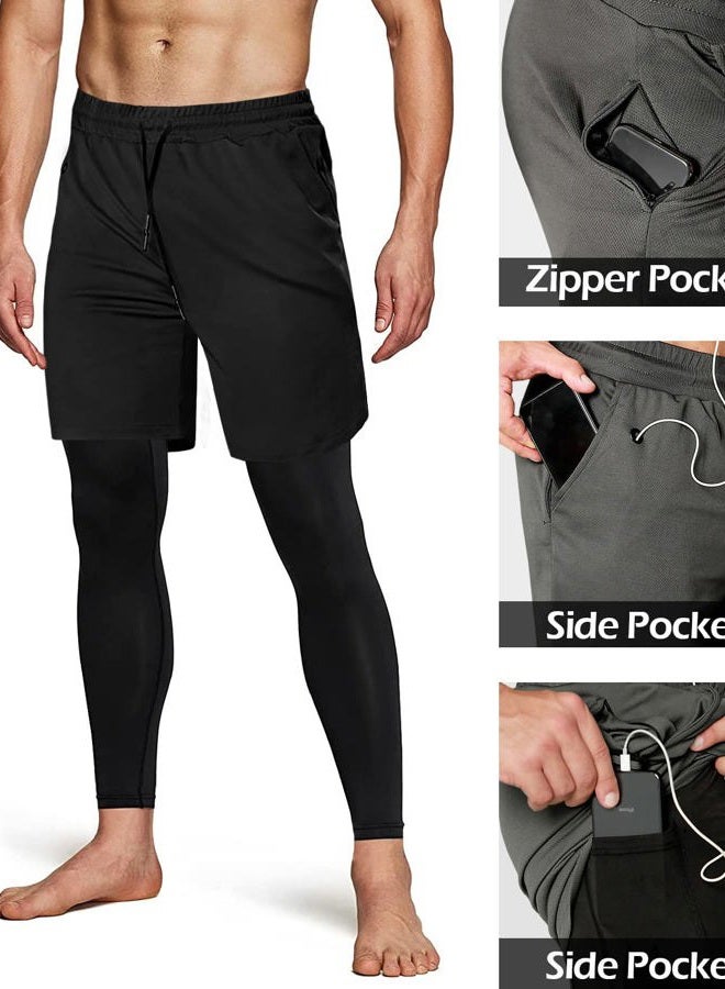 Aolesy Men's 2 in 1 Running Pants, Gym Workout Compression Pants for Men Training Athletic Pants - Black - Image 5