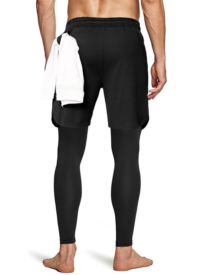 Aolesy Men's 2 in 1 Running Pants, Gym Workout Compression Pants for Men Training Athletic Pants - Black - Image 4