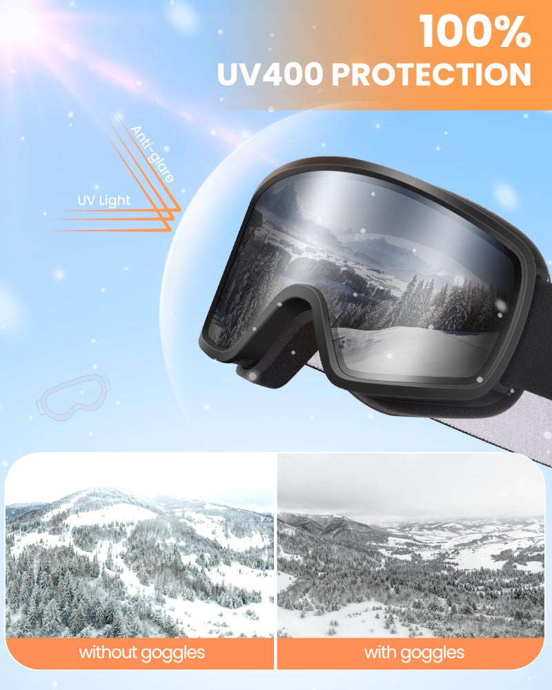 OutdoorMaster Kids Ski Goggles OTG Snowboard Goggles with 100% UV Protection Kids Snow Goggles for Boys Girls Toddler(BlackFrame Vlt 12.2%+Silver Lens) - Image 2