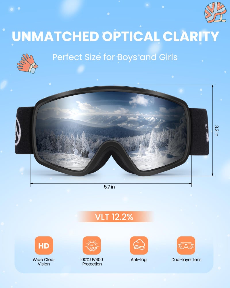 OutdoorMaster Kids Ski Goggles OTG Snowboard Goggles with 100% UV Protection Kids Snow Goggles for Boys Girls Toddler(BlackFrame Vlt 12.2%+Silver Lens) - Image 3