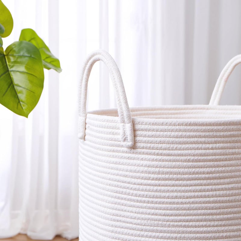 MOJOSCEND White Woven Cotton Rope Hamper Basket, 15x20 inches Tall, Large Clothes Hamper for Bedroom & College Dorm, Kids Laundry Basket - Image 3
