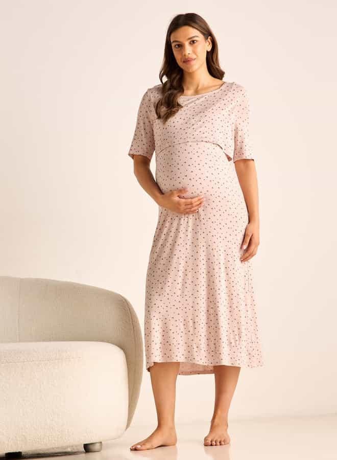 Splash FAV Printed Maternity Night Dress with Round Neck and Short Sleeves - Image 2