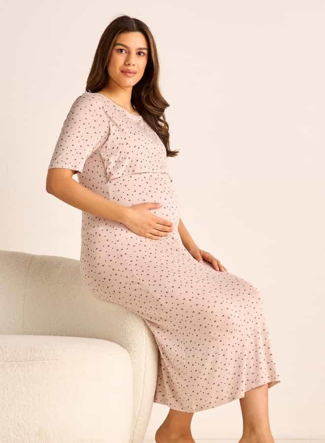 Splash FAV Printed Maternity Night Dress with Round Neck and Short Sleeves - Image 1