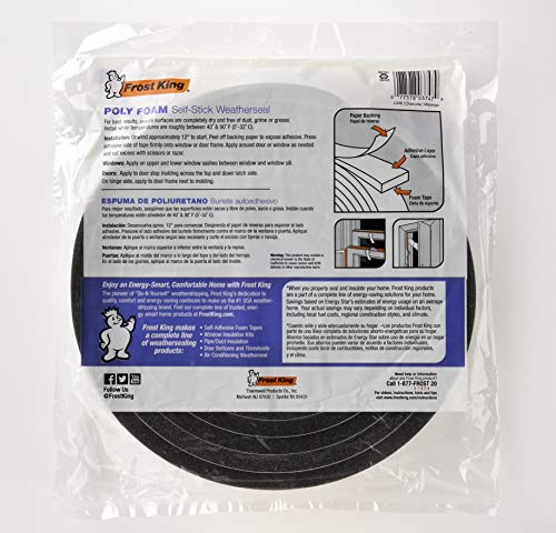 Frost King L346 Self-Adhesive Open Cell Tape, 17 Ft L X 3/4 in W 1/2 in T, Polyfoam, Charcoal - Image 2