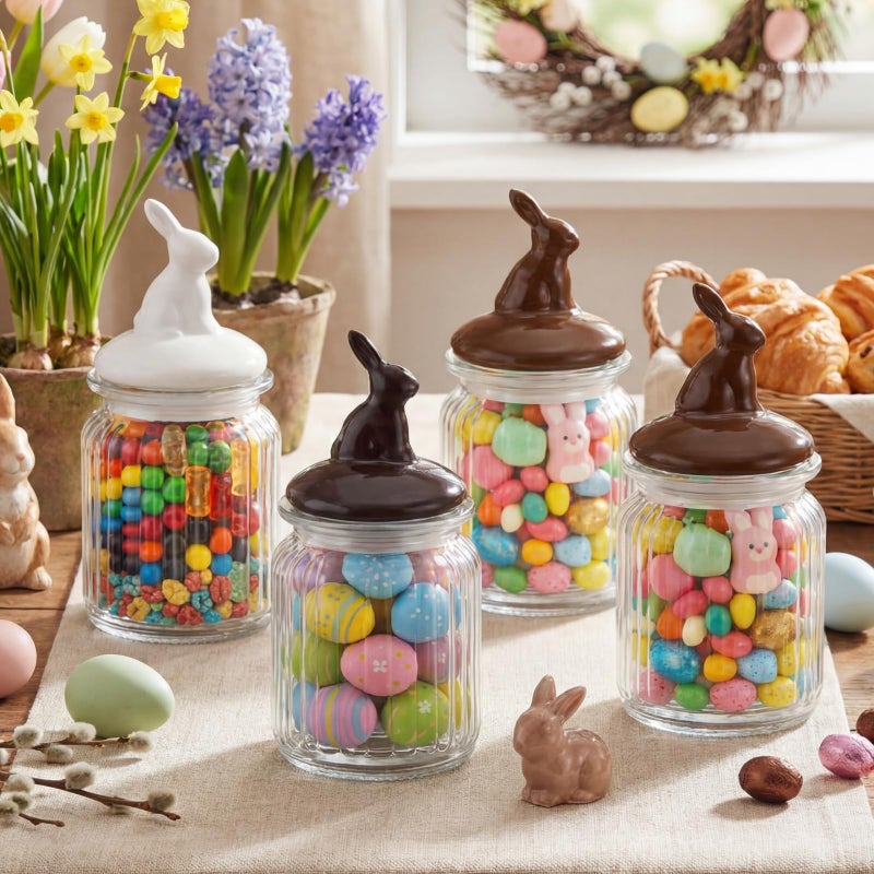 Ferrochef 4 Pcs Easter Rabbit Glass Jar with Cap Chocolate Rabbit Shape Candy Jar Chocolate Themed Decorative Resin Brown Bunny Figure for Easter Spring Party Tea Cookie Biscuit Table Decor - Image 2