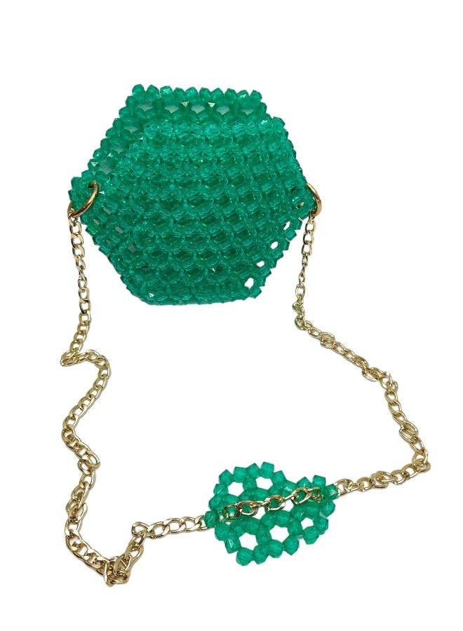 Evening and Event Bag - Green with Gold Chain - Gorgeous and Spacious, Handmade with Beads - Image 2
