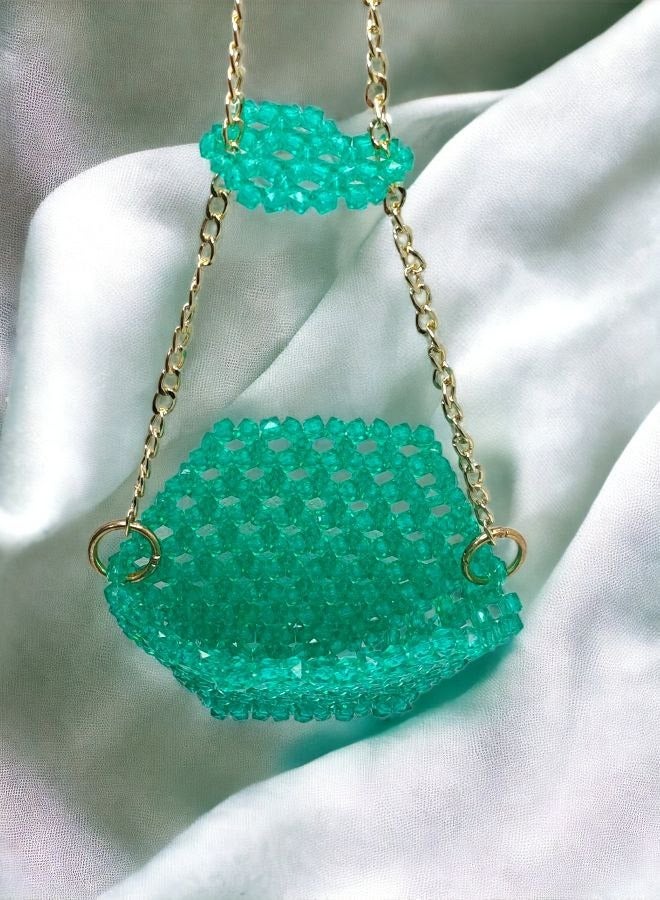 Evening and Event Bag - Green with Gold Chain - Gorgeous and Spacious, Handmade with Beads - Image 1