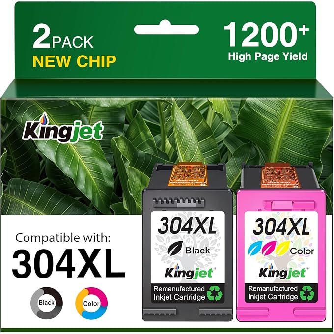 Kingjet 304XL Remanufactured Ink Cartridge Replacement For 304 304 XL Compatible with DeskJet 3720 3730 3732 3735 2620 2630 Envy 5020 5030 (1 Black, 1 Tri-Colour)