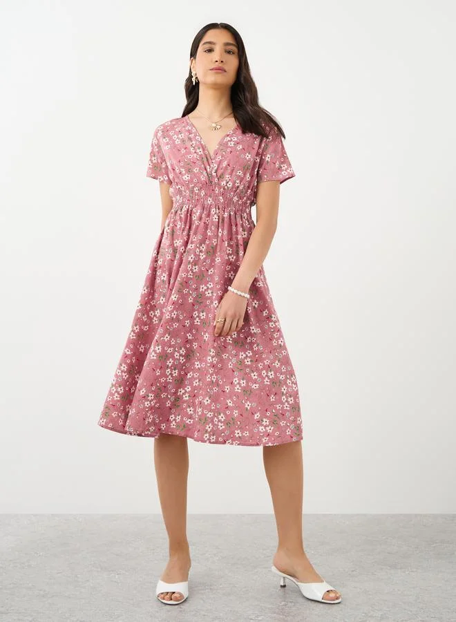 Take Two Take Two Floral Print V Neck Short Sleeve Midi Dress