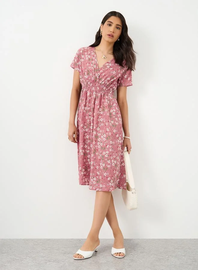 Take Two Take Two Floral Print V Neck Short Sleeve Midi Dress