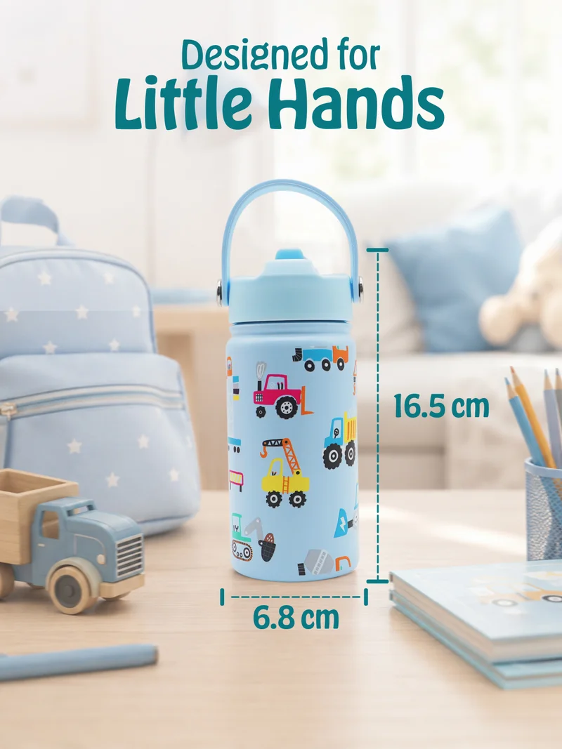 Babies Basic Babies Basic Kids Stainless Steel Water Bottle with Straw - 400ml – Double Wall Vacuum Insulated, Leakproof Thermal Flask, BPA-Free, Reusable Drinking Bottle for School & Travel - Trasport Themed - Blue