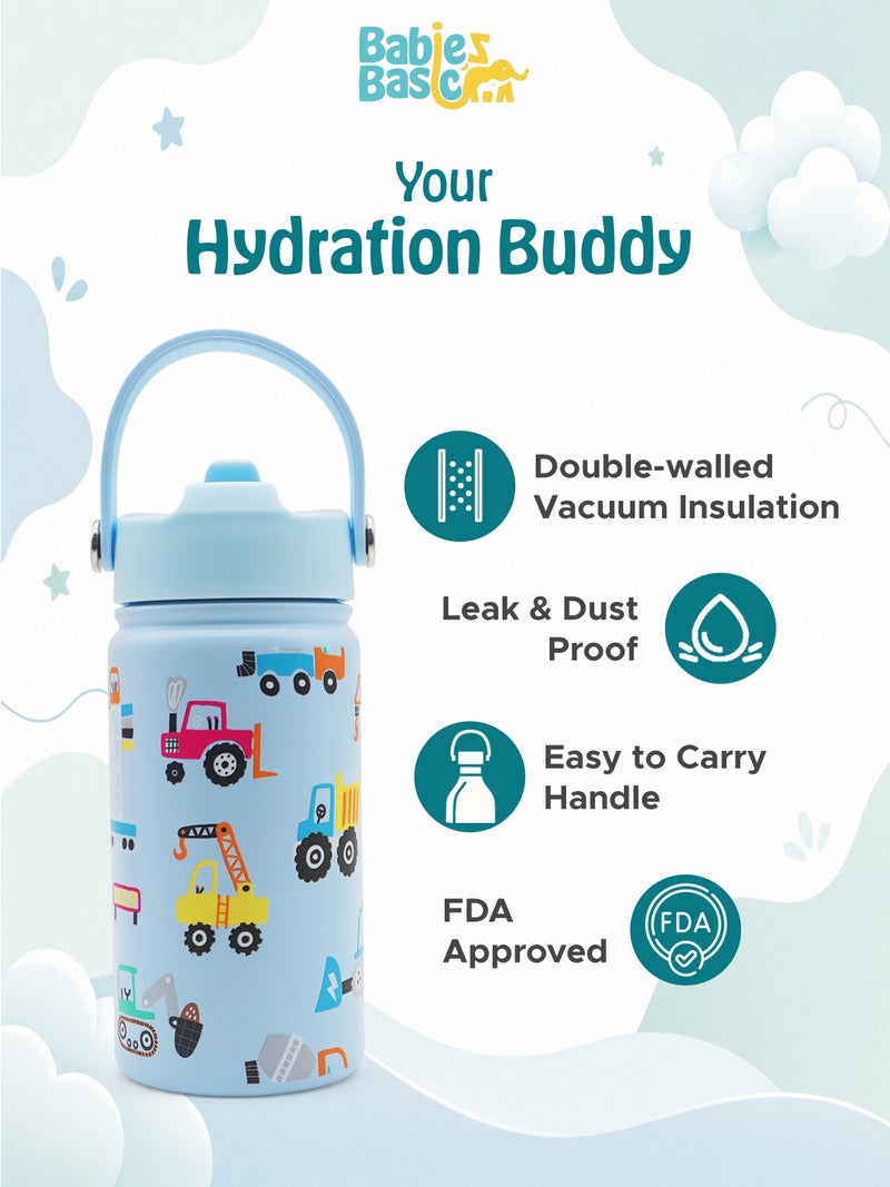 Babies Basic Kids Stainless Steel Water Bottle with Straw - 400ml – Double Wall Vacuum Insulated, Leakproof Thermal Flask, BPA-Free, Reusable Drinking Bottle for School & Travel - Trasport Themed - Blue - Image 5