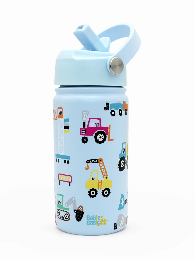Babies Basic Babies Basic Kids Stainless Steel Water Bottle with Straw - 400ml – Double Wall Vacuum Insulated, Leakproof Thermal Flask, BPA-Free, Reusable Drinking Bottle for School & Travel - Trasport Themed - Blue
