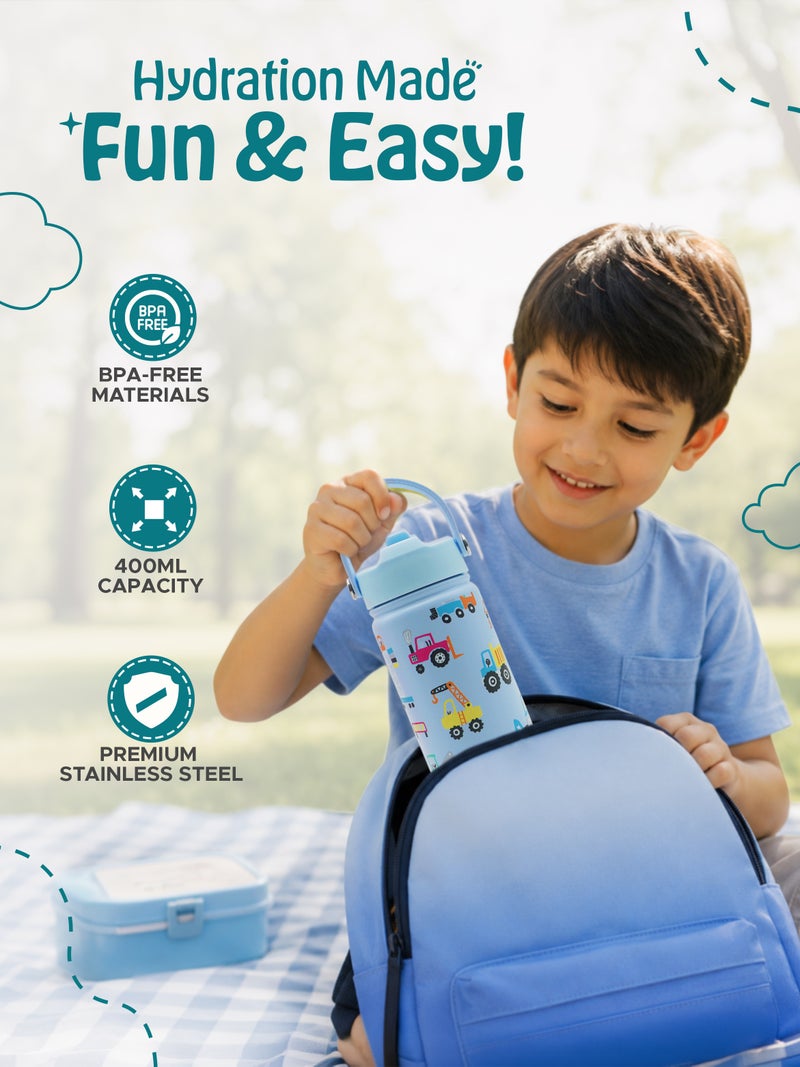 Babies Basic Kids Stainless Steel Water Bottle with Straw - 400ml – Double Wall Vacuum Insulated, Leakproof Thermal Flask, BPA-Free, Reusable Drinking Bottle for School & Travel - Trasport Themed - Blue - Image 3