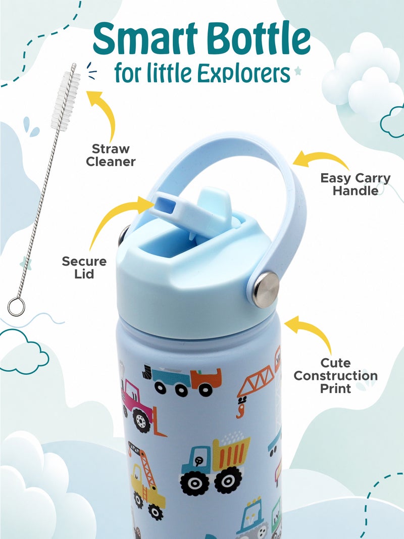 Babies Basic Kids Stainless Steel Water Bottle with Straw - 400ml – Double Wall Vacuum Insulated, Leakproof Thermal Flask, BPA-Free, Reusable Drinking Bottle for School & Travel - Trasport Themed - Blue - Image 4