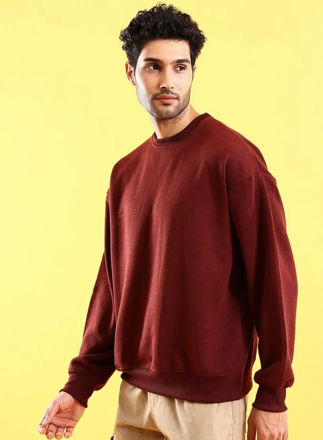The Indian Garage Co Men Oversized Fit Solid Crew Neck Full Sleeves Sweatshirt