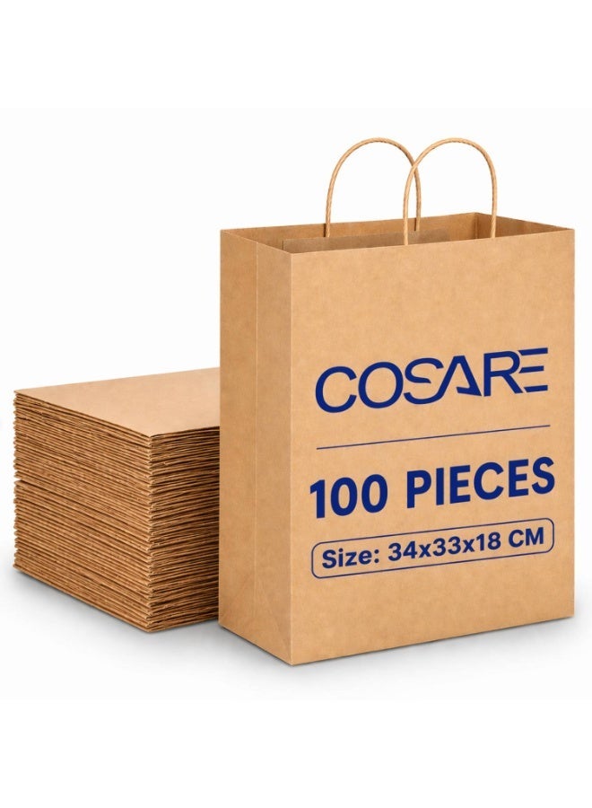 كوساري أكياس ورقية كرافت COSARE عدد 100 قطعة بمقابض ملتوية، أكياس هدايا بنية الحجم 33x34x18 سم، ورق قابل لإعادة التدوير 120 جرام للأحزاب، حفلات الزفاف، أعياد الميلاد، حفلات العزوبية، التسوق بالتجزئة، وتغليف الهدايا - Image 1